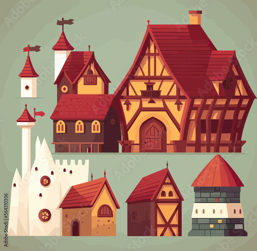 Set Of Medieval Buildings, Illustrated Towers, Houses, And Castles. Vector Set Of European Medieval Architecture