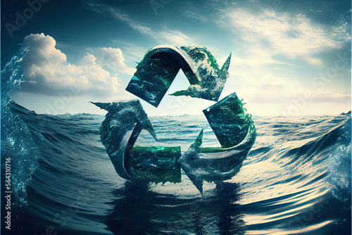 Recycle symbol in the ocean. Generative AI © Pavel