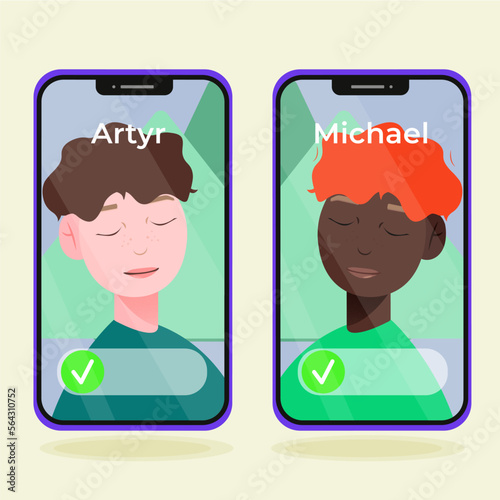 Mobile phone icon afroamerican boy and white boy on screen. Call screen. Flat design style. Vector illustration. копия