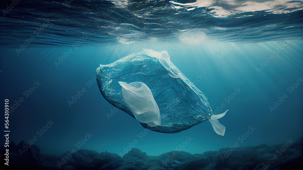 Plastic bags in shape of fish swimming in the sea. Generative AI