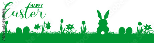 Happy Easter banner panorama holiday greeting card illustration painting vector - Green silhouette of easter symbols, easter bunny, easter eggs and daffodils meadow isolated on white background