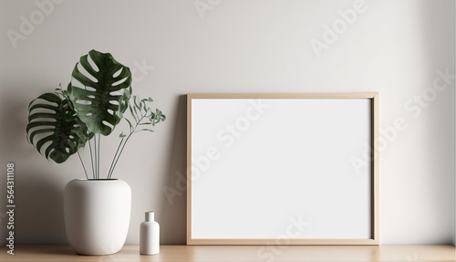 Empty horizontal frame mockup in modern minimalist interior with plant in trendy vase on white wall background. Template for artwork, painting, photo or poster