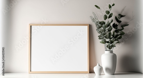 Empty horizontal frame mockup in modern minimalist interior with plant in trendy vase on white wall background. Template for artwork, painting, photo or poster