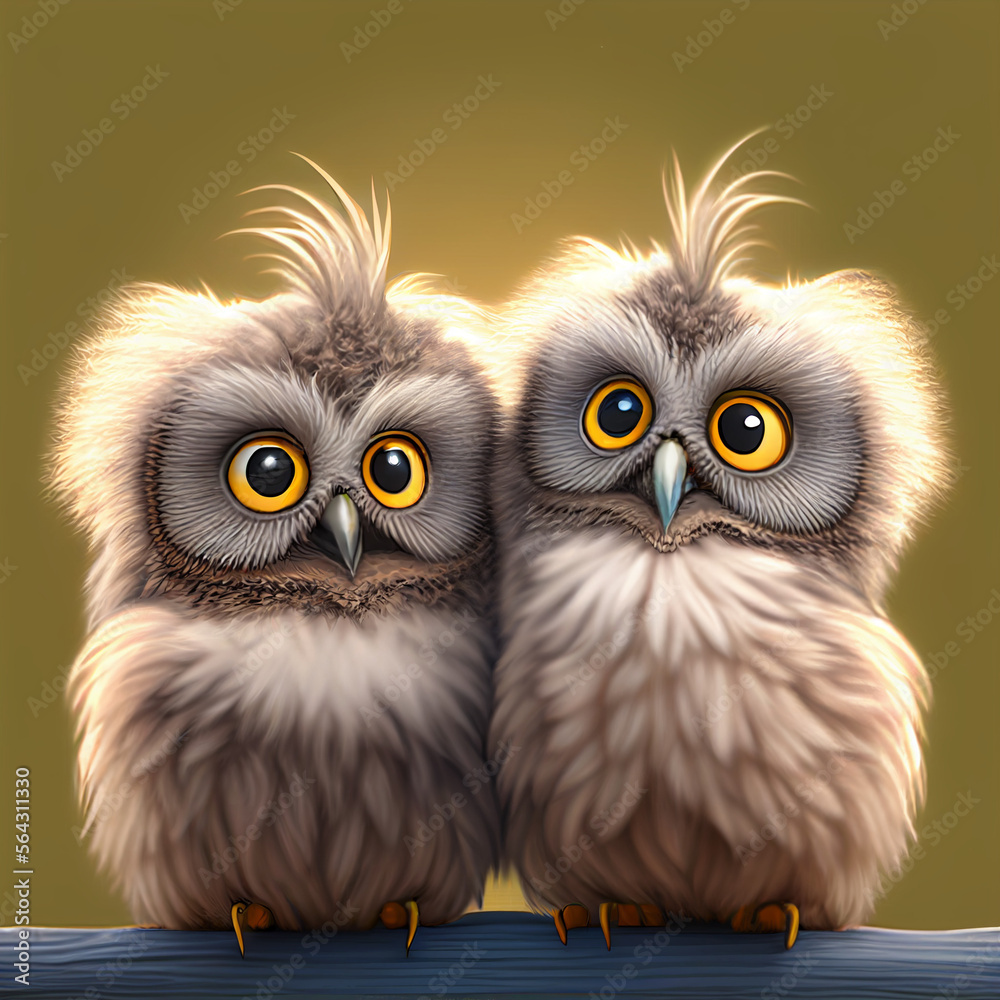 Fototapeta premium Two fluffy cute owl, generative ai