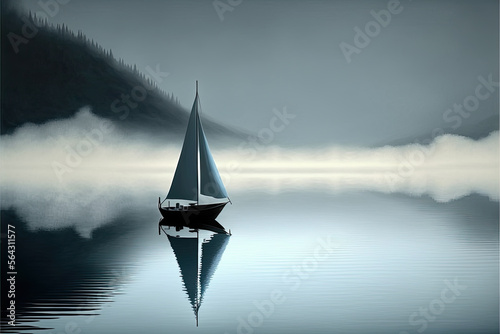 calm water with fog and a sailboat on the water. Generative AI