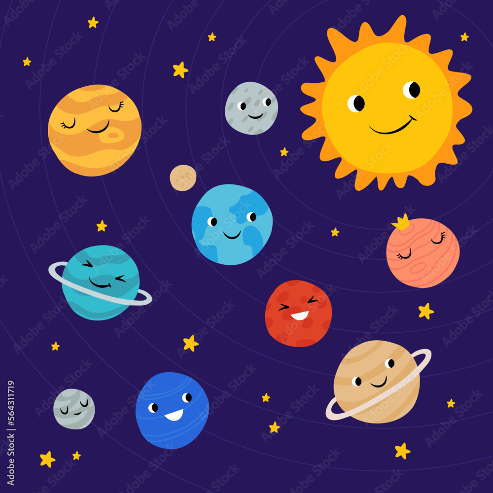 Naklejka premium Cute planets of Solar system with happy faces. Funny celestial objects in outer space. Pretty astronomical bodies orbiting Sun. Astronomy for children. Childish flat cartoon vector illustration.