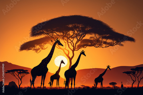 giraffes in the savanna at sunset. Generative AI