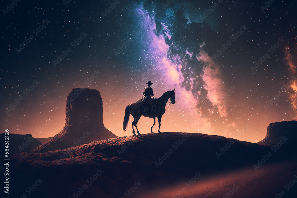 western cowboy riding horse at night under the milky way galaxy made by generative ai