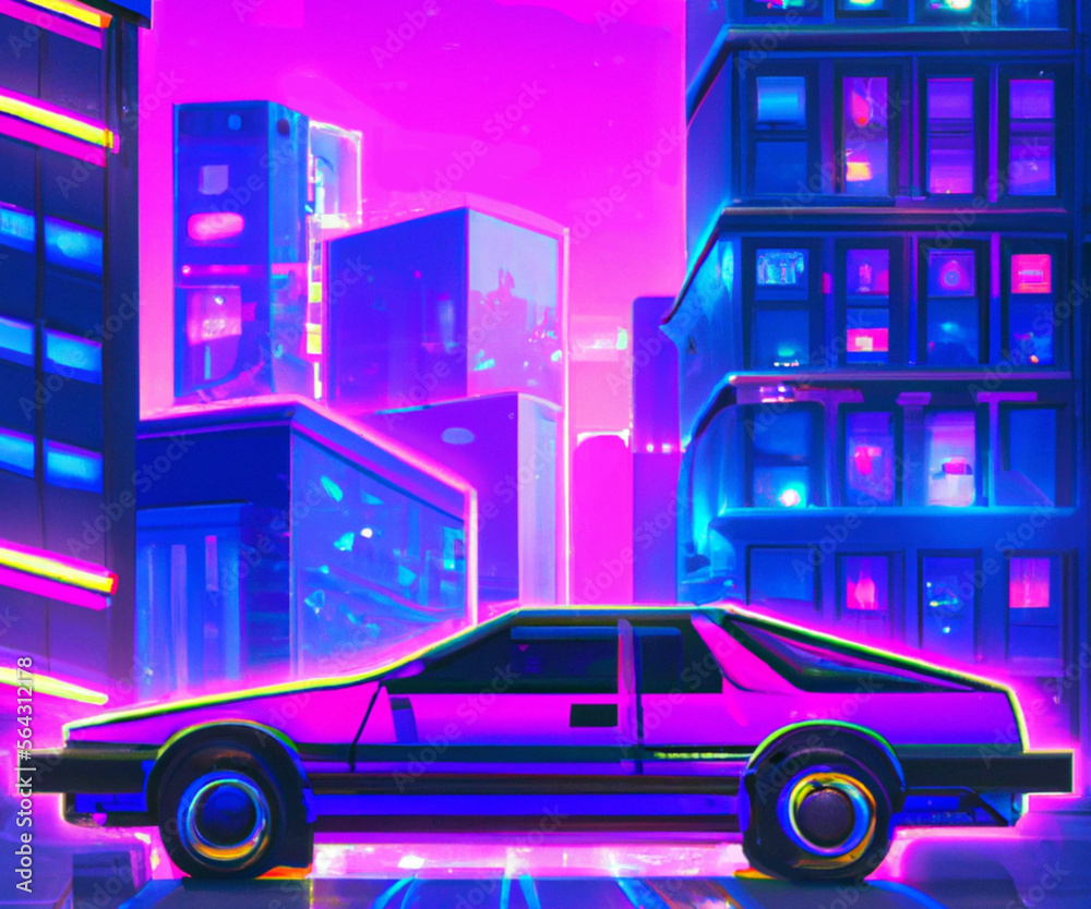 Retrofouturistic synthwave car in the city streat Retrofouturistic synthwave car in the city streat
