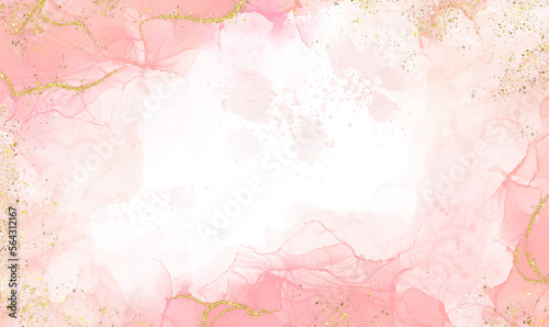 Abstract watercolor or alcohol ink art pink background element with golden crackers. Pastel pink marble drawing effect. template for wedding invitation,decoration, banner, background, png file	