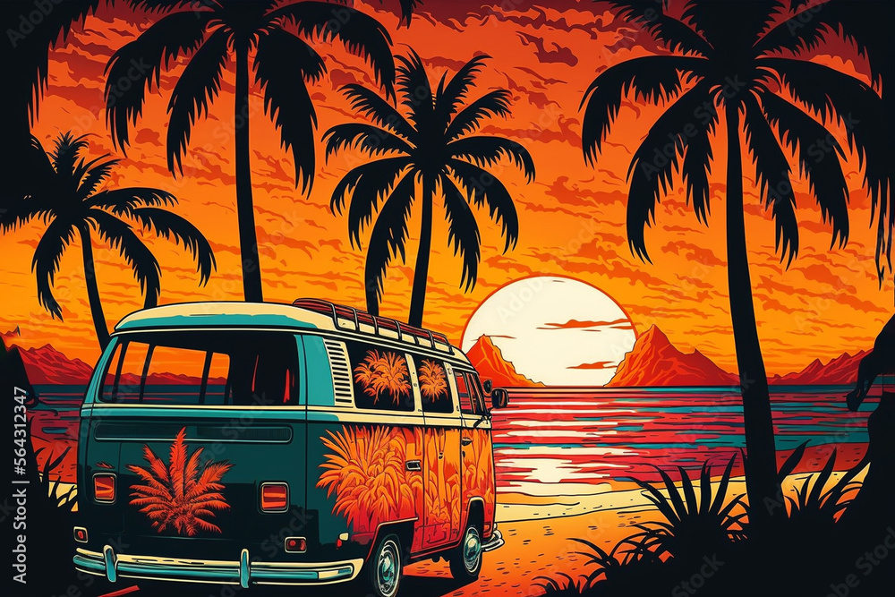 Funky vintage van, palm trees and the sea. Hippie poster background with sunset. Generative ai.