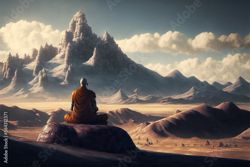 Meditating Buddha in beautiful landscape with high mountains, Generative AI