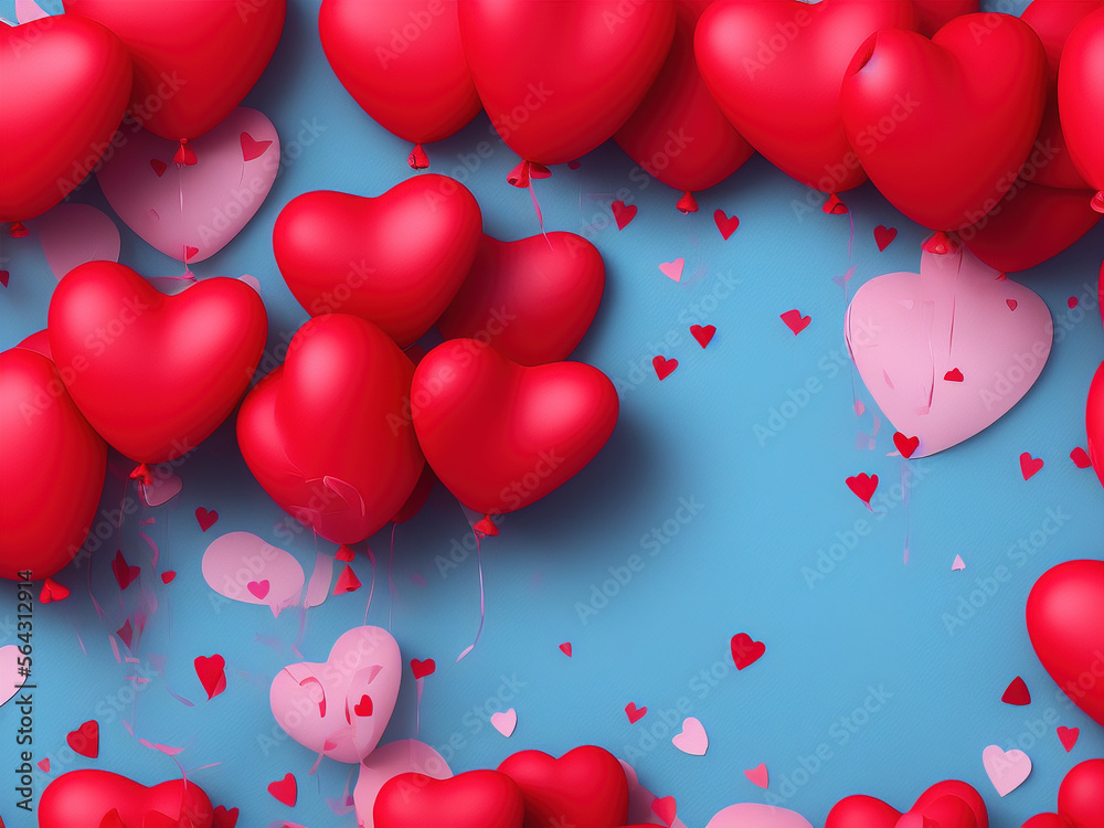 Red balloons as heart shaped on pastel blue background. Valentine's Day holiday celebration or wedding party decoration background