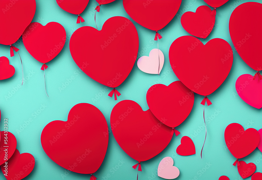 Valentine's day background with red and pink hearts like balloons on green background, flat lay, clipping path