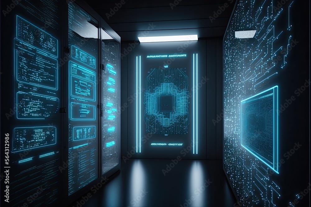 Super computer and quantum server rack in Data center control room. Generetive AI Super computer and quantum server rack in Data center control room. Generetive AI