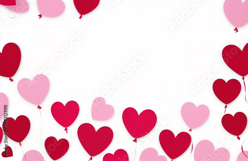 Valentine's day background with red and pink hearts like balloons on white background, flat lay, clipping path