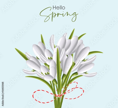 Hello spring, 1 march, 8 march, realistic snowdrop, spring symbol, floral banner, season bouquet vector illustration
