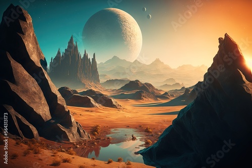 exoplanet dessert mountains and big moon surreal beautiful dramatic view generative ai