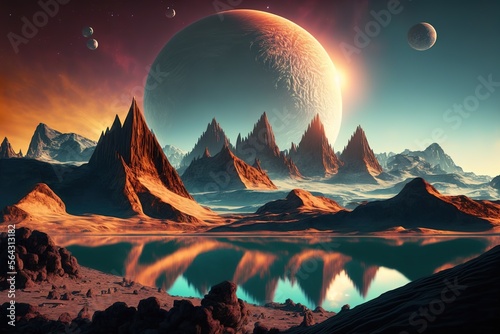 exoplanet dessert mountains and big moon surreal beautiful dramatic view generative ai © Arisctur