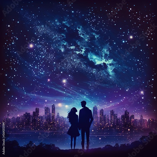 Silhouette of a loving couple against the background of the starry sky blue