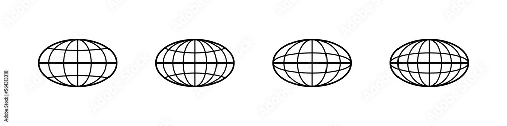 Globe icon. World vector set. Earth wide globe sign. Planet symbol flatten. Black isolated flat globe icons set on white background..