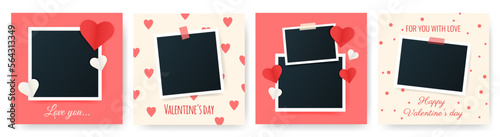 Valentine's day romantic cards with blank set photo picture frames. Greeting valentines template. Photo for memory. Vector mockup illustration