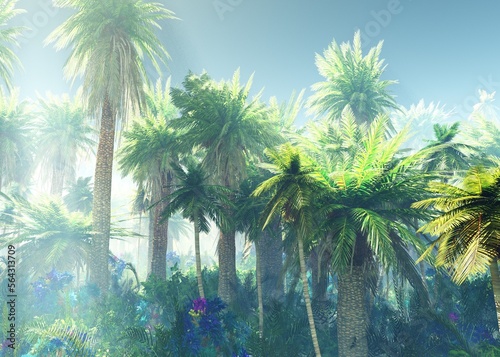 Very beautiful jungle in the morning in fog, 3d rendering