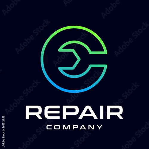 Repair C letter vector logo template. This font use wrench symbol. Suitable for technology, mechanic, or automotive business.