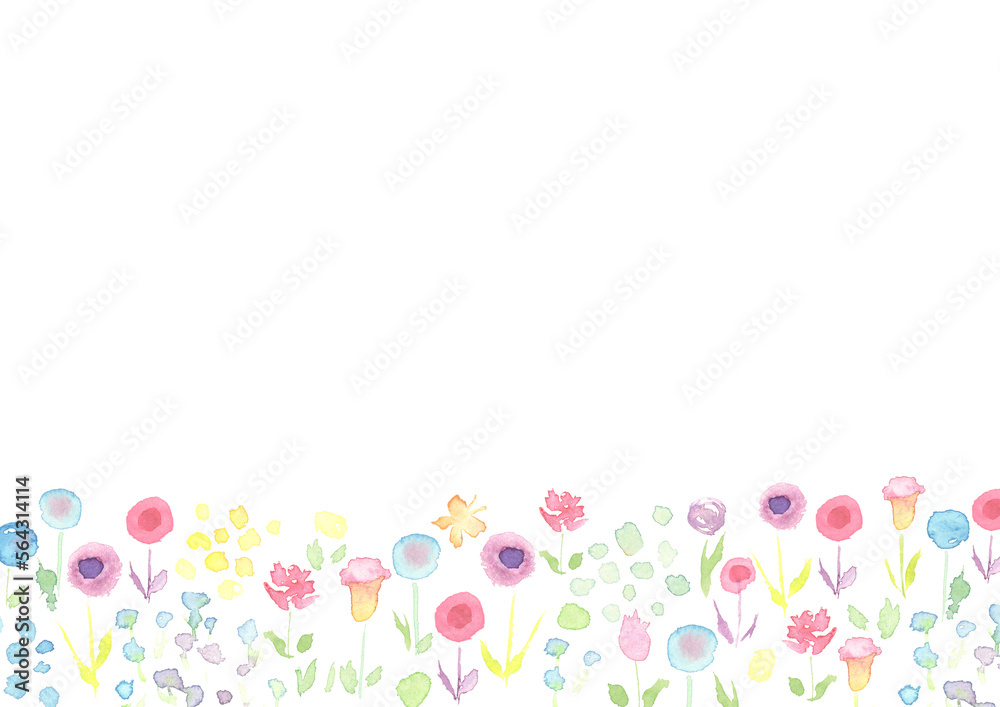 水彩で描いたかわいい花畑のイラスト