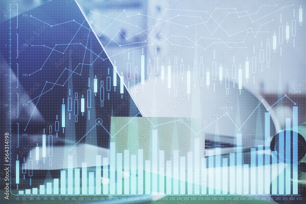 Multi exposure of forex graph and work space with computer. Concept of international online trading. Multi exposure of forex graph and work space with computer. Concept of international online trading.