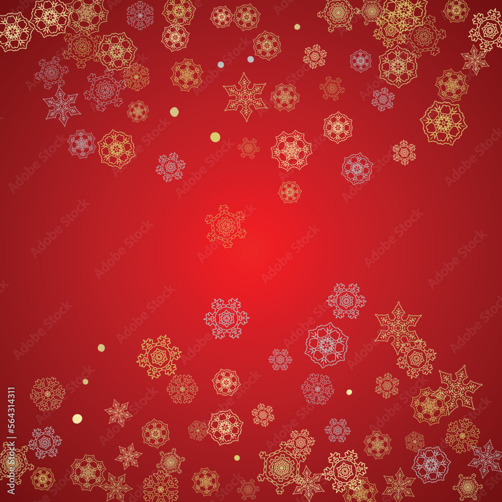 Christmas snow on red background. Glitter frame for seasonal winter banners, gift coupon, voucher, ads, party event. Santa Claus colors with golden Christmas snow. Falling snowflakes for holiday Christmas snow on red background. Glitter frame for seasonal winter banners, gift coupon, voucher, ads, party event. Santa Claus colors with golden Christmas snow. Falling snowflakes for holiday