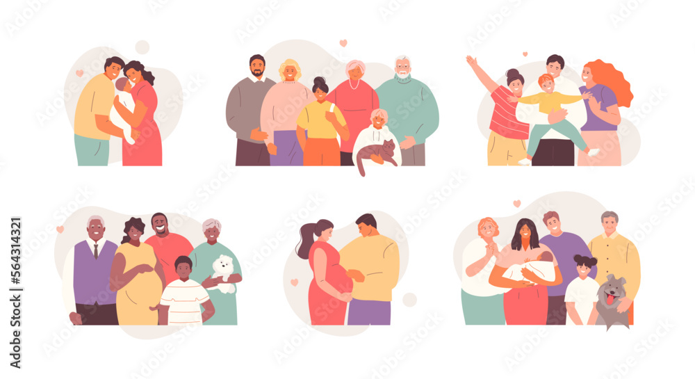 Happy families together set. Children and parents, grandparents, mom, Dad. Family Day. Love and support vector characters
