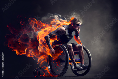 a paralypic athlete in a wheelchair with the wheels on fire, Generative AI