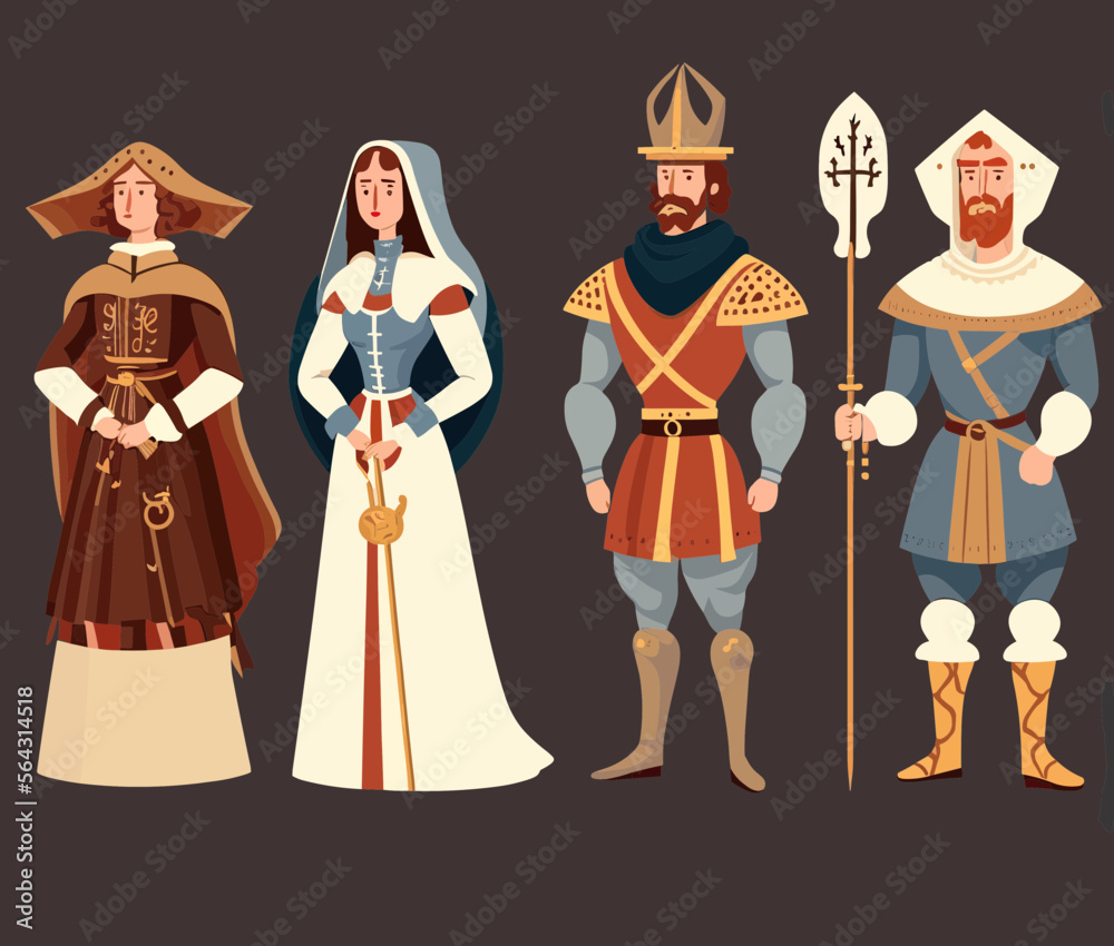 Set Of Medieval Characters Like Queens, Kings, Knights, Guardians, Maids, Stable Boys