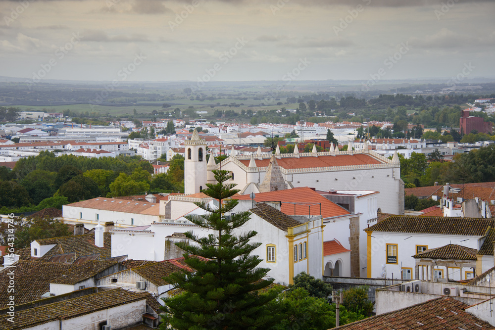 View of the pretty city of Evora, in Portugal from the roof of the cathedral