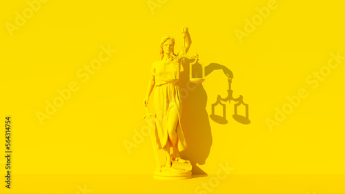Yellow Lady Justice Statue Personification of the Judicial System Traditional Protection and Balance Moral Force for Good and Lawfare Yellow Background 3d illustration render	