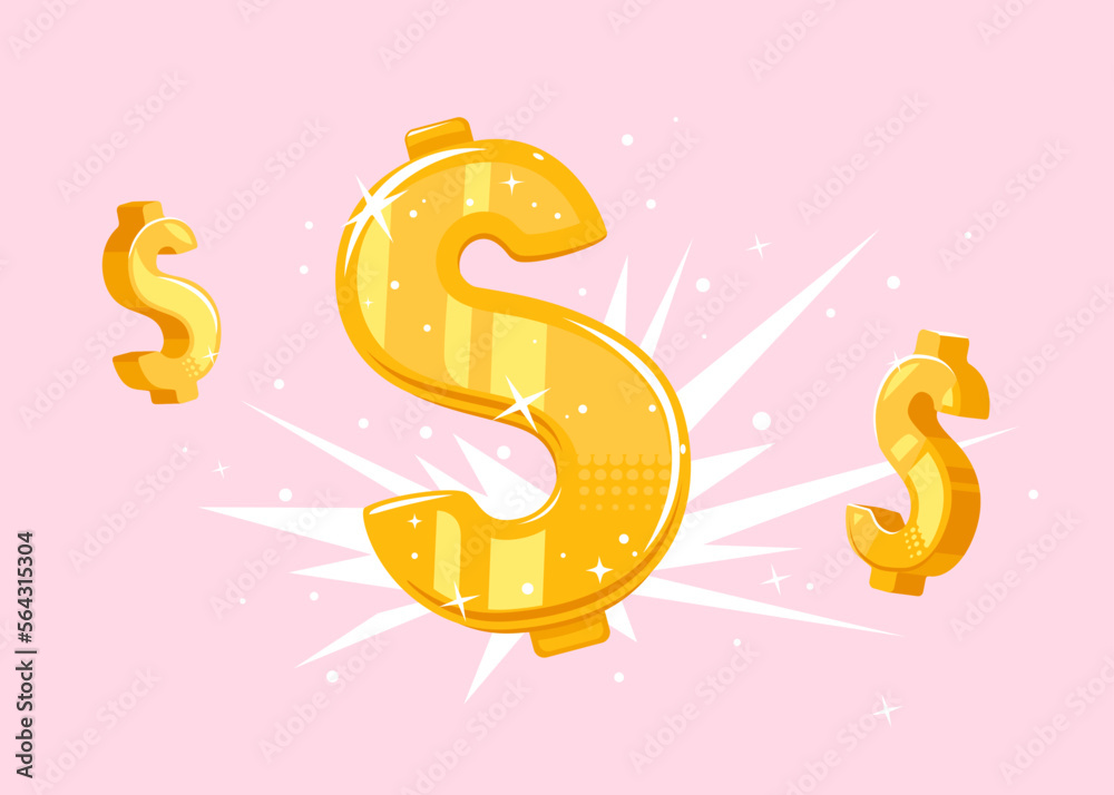 Golden dollar signs explosion concept illustration on pink background, treasure of gold wealth with bright lights, dollar signs fly in different directions, exchange rate concept Golden dollar signs explosion concept illustration on pink background, treasure of gold wealth with bright lights, dollar signs fly in different directions, exchange rate concept