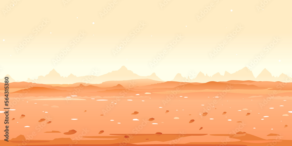 Martian desert game background tillable horizontally, orange sand hills with stones on a deserted planet with hight mountains in view from afar - obrazy, fototapety, plakaty 
