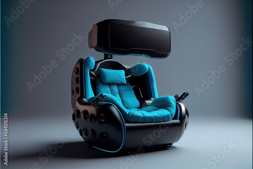 A virtual reality headset, comfortable chair, and hand gestures controllers. Technology-assisted immersive experiences. Generative AI