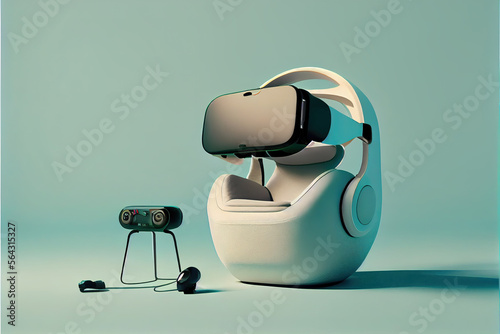 A virtual reality headset, comfortable chair, and hand gestures controllers. Technology-assisted immersive experiences. Generative AI