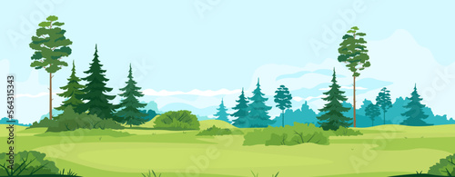 Path along green valley with spruce and pine trees tillable horizontally, tourist route near spruce forest and bushes in summer sunny day, nature outdoor game background #564315343