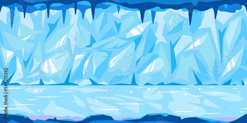 Ice blue cave with many icicles on the top tillable horizontally, cold winter ice background, light mysterious fairy-tale cave of ice, nature game background in simple colors, tileable horizontally