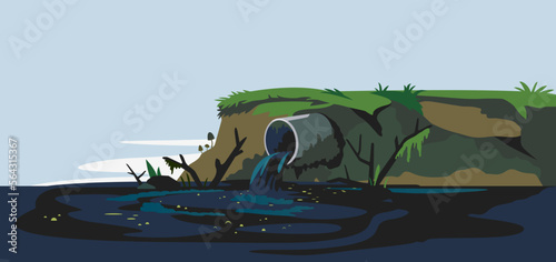 Industrial pipe on river bank discharge wastewater ecology landscape background, ecological disaster, dirty toxic effluents, environmental pollution, metal pipe on the shore releases toxic waste