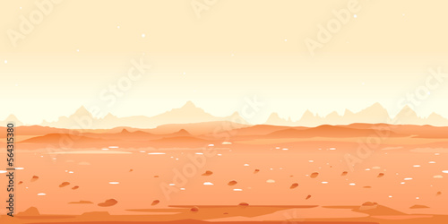 Martian desert game background tillable horizontally, orange sand hills with stones on a deserted planet with hight mountains in view from afar