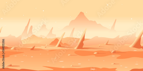 Martian landscape with danger sharp rocks game background tillable horizontally, orange sand hills with rocks on a deserted planet with hight mountains in view from afar