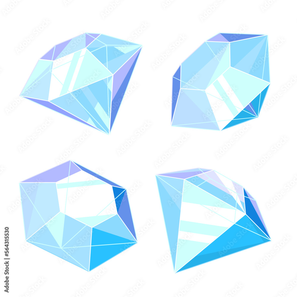 Set of four diamonds in different angles isolated illustration, gems with sharp blue edges Set of four diamonds in different angles isolated illustration, gems with sharp blue edges