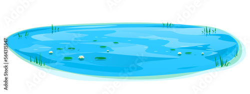 Small blue decorative pond with bulrush plants and white water lilies isolated, lake plants nature landscape fishing place, decorative pond in landscape design garden
