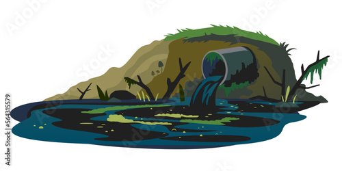 Industrial pipe on river bank discharge wastewater isolated conceptual illustration, ecological disaster, dirty toxic effluents, environmental pollution, metal pipe on the shore releases toxic waste