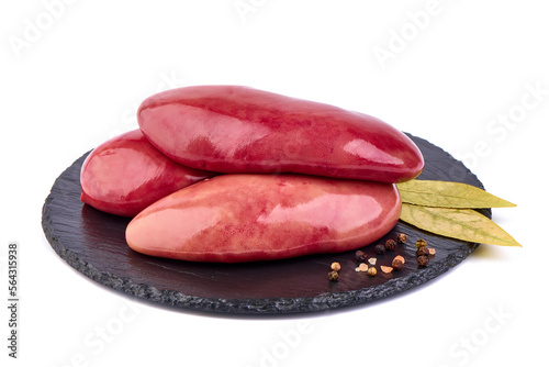 Raw pork kidneys, offals, isolated on white background. High resolution image.