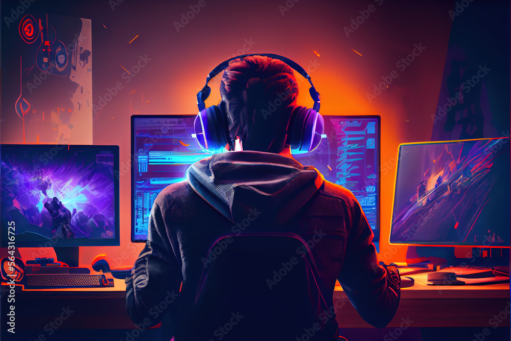 A person streaming while playing a game with a headset on, surrounded by gaming peripherals. Gaming as a hobby and lifestyle. Generative AI - obrazy, fototapety, plakaty 